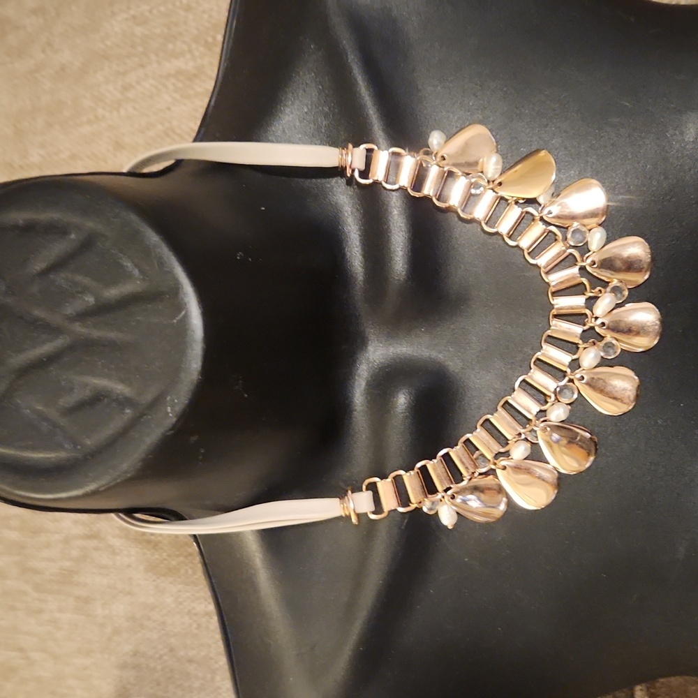 WHBM leather & rose gold/pearls/drop diamonds necklace